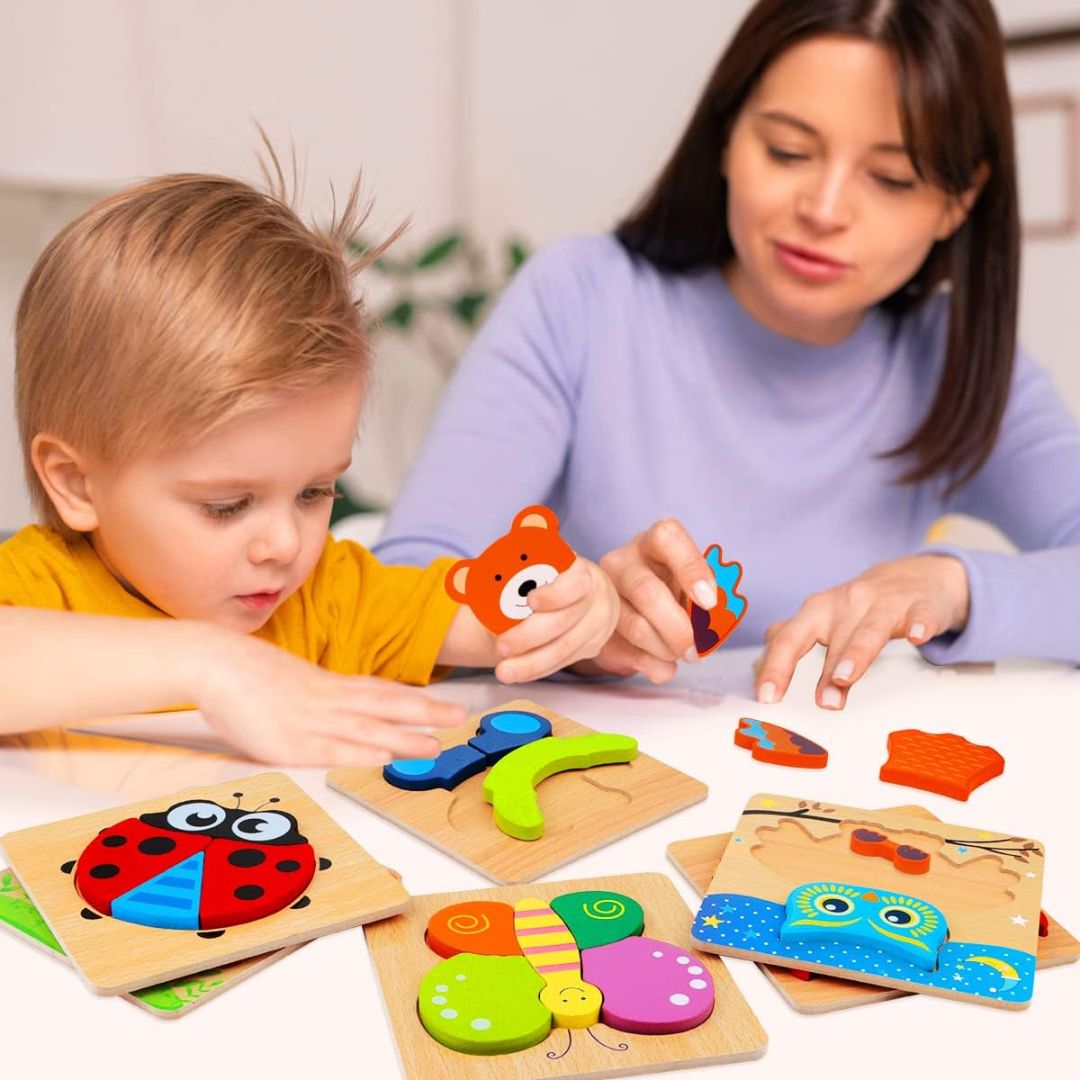 "Trebarnepussel, dyretema, 6-pakning: marihøne, bie, krabbe, ugle, sommerfugl, bjørn. Montessori-inspirert puslespill."
