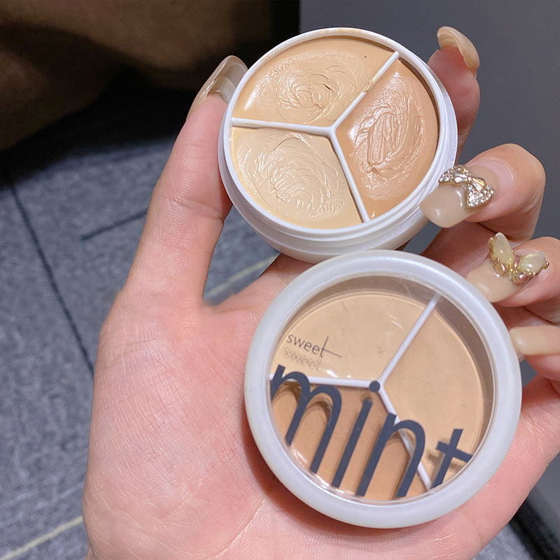 "Trefarget concealerpalett med naturlig finish, ideell for å dekke kviser og mørke ringer. Kompakt design for enkel bruk."