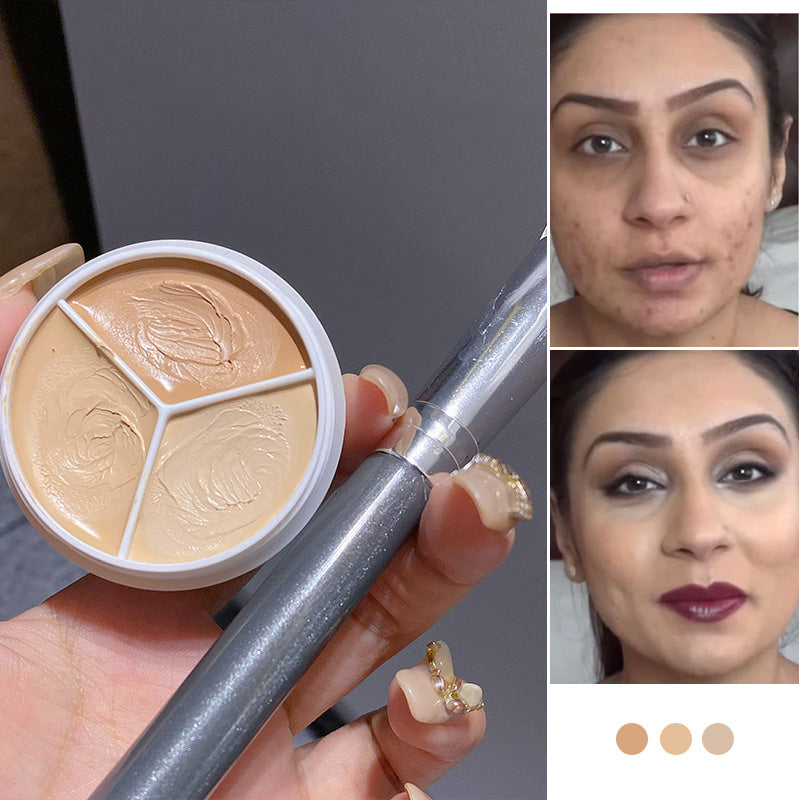 "Trefarget concealerpalett med naturlig finish, ideell for å dekke kviser og mørke ringer. Kompakt design for enkel bruk."