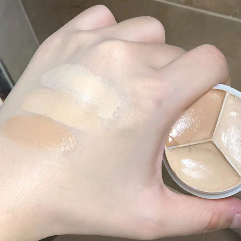 "Trefarget concealerpalett med naturlig finish, ideell for å dekke kviser og mørke ringer. Kompakt design for enkel bruk."