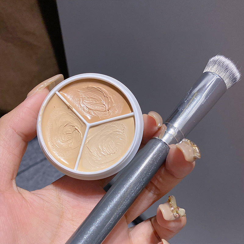 "Trefarget concealerpalett med naturlig finish, ideell for å dekke kviser og mørke ringer. Kompakt design for enkel bruk."