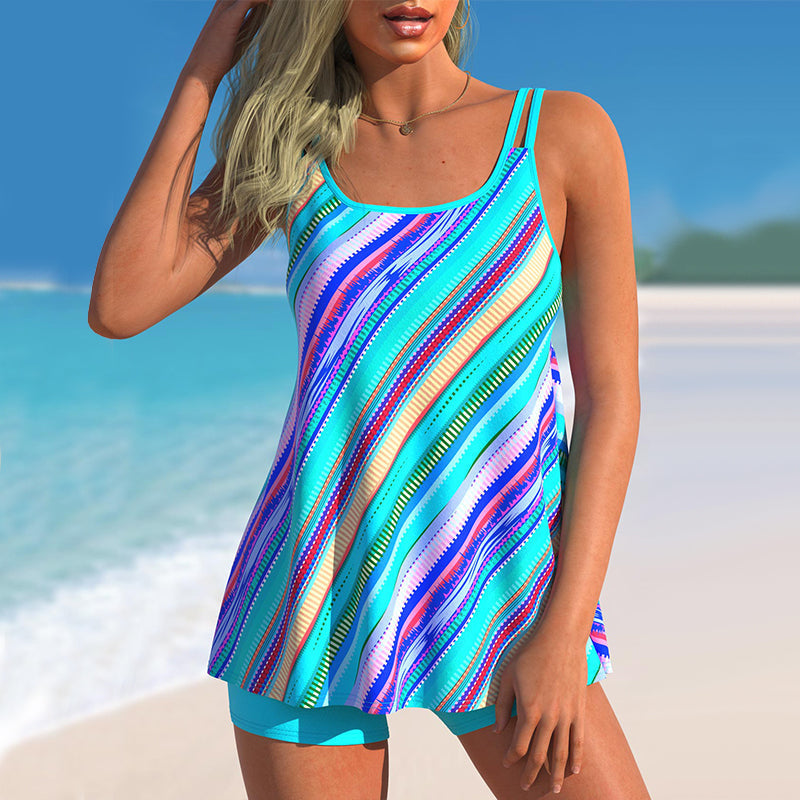 "Trendy tankini-sett med geometrisk stripetrykk, todelt badedrakt, rund hals, uten stålring, for stranden eller bassenget."