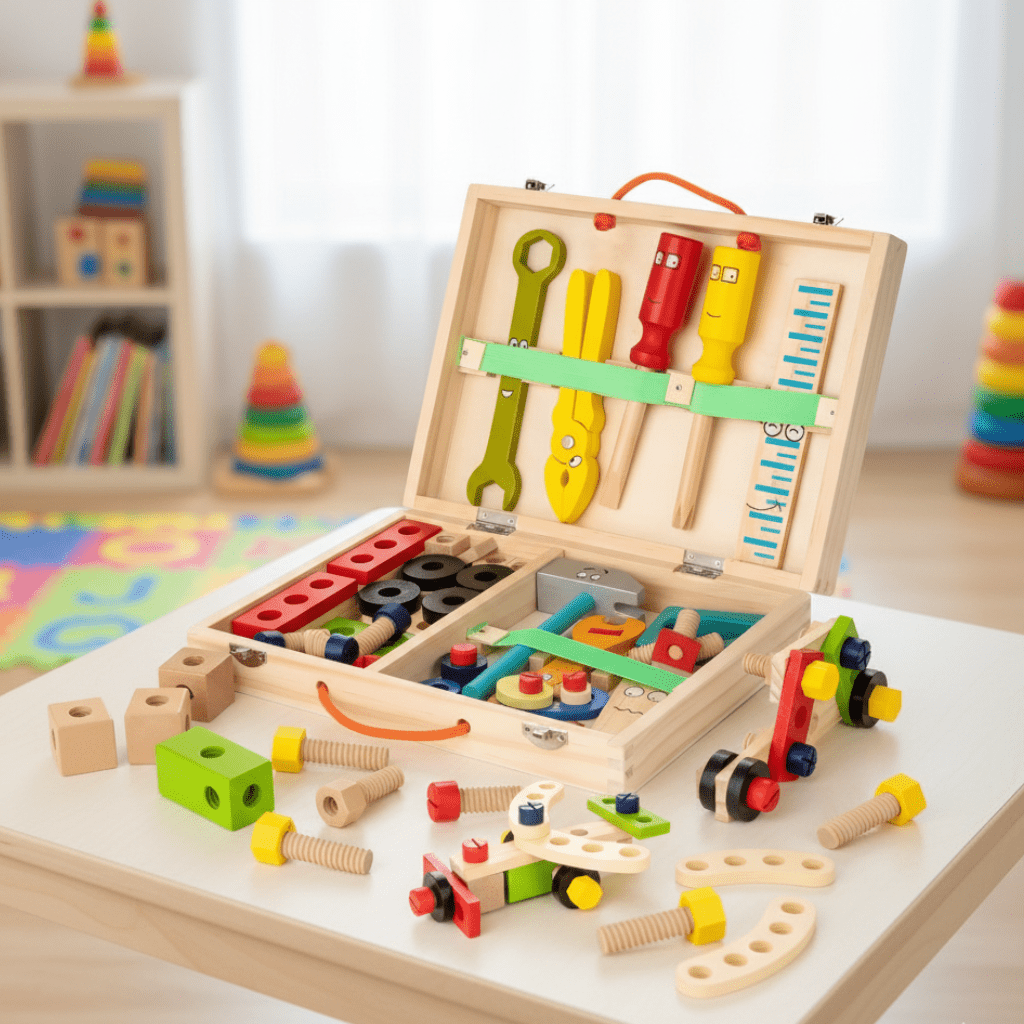 Montessori-inspirert treverktøykasse for barn, fremmer læring og kreativ lek, 2-5 år