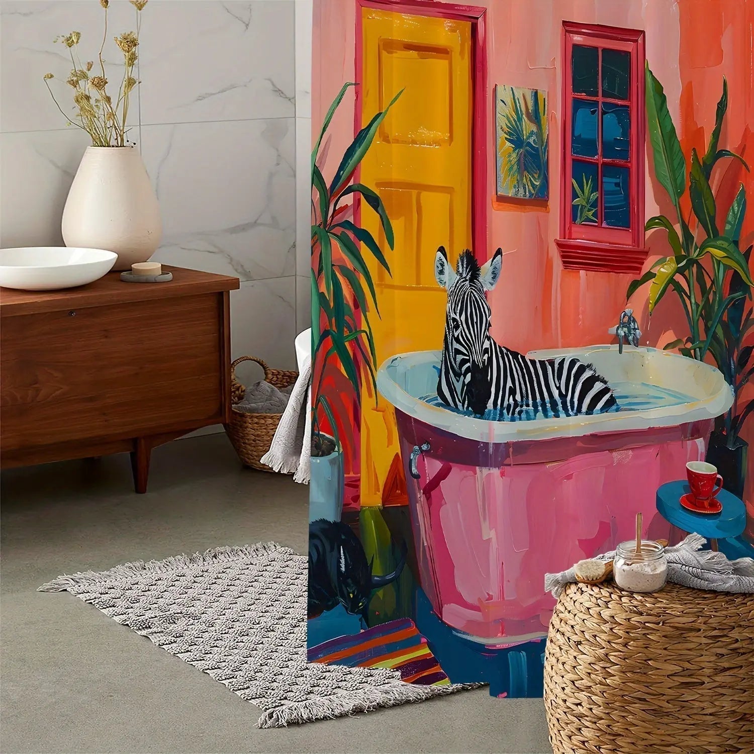 Stilfullt tropisk zebra dusjforheng som forvandler baderommet. Perfekt for hjem, hotell eller spa, gir unik stil.