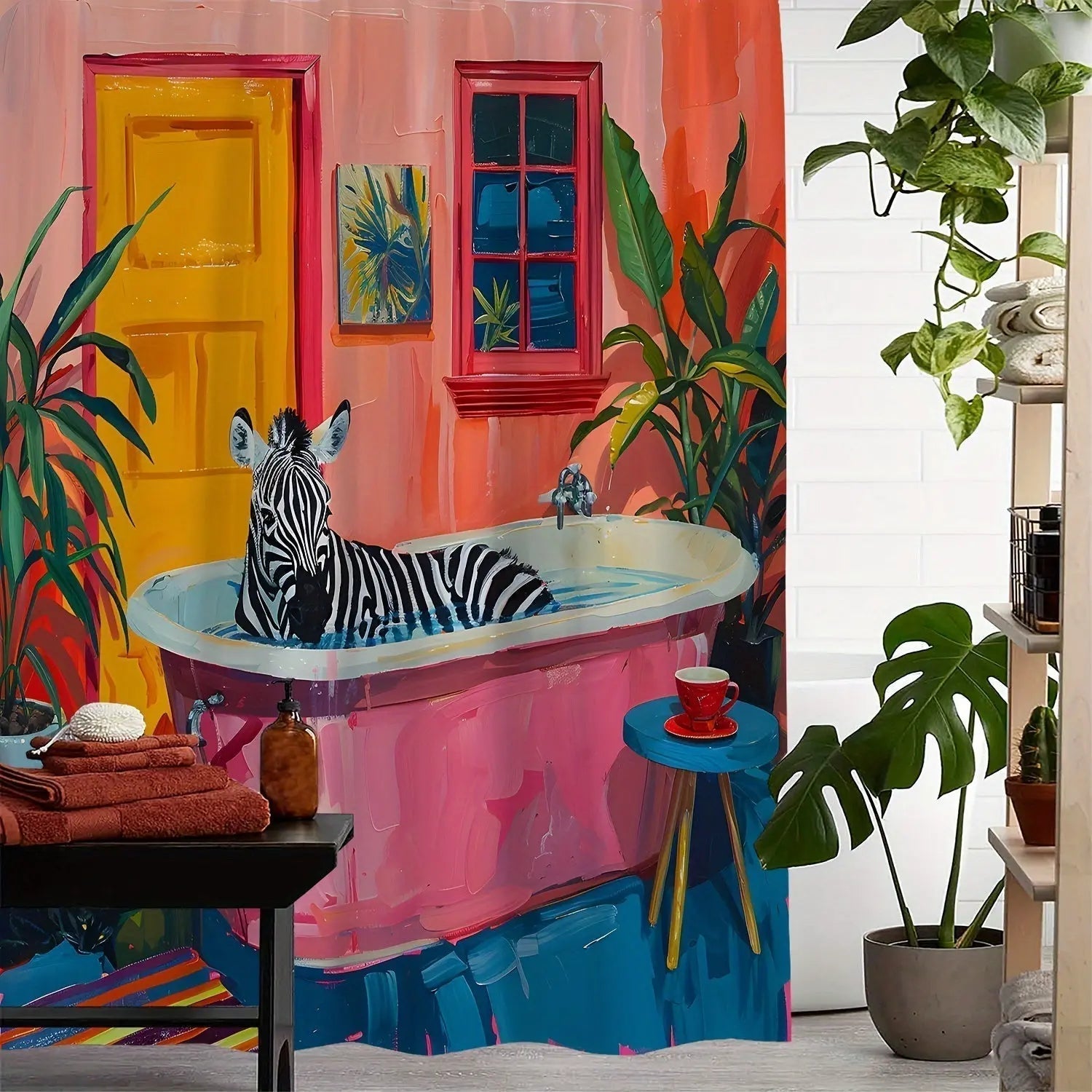 Nærbilde av Tropisk Zebra dusjforheng. Viser detaljert flerfarget mønster, ideelt for et moderne bad.