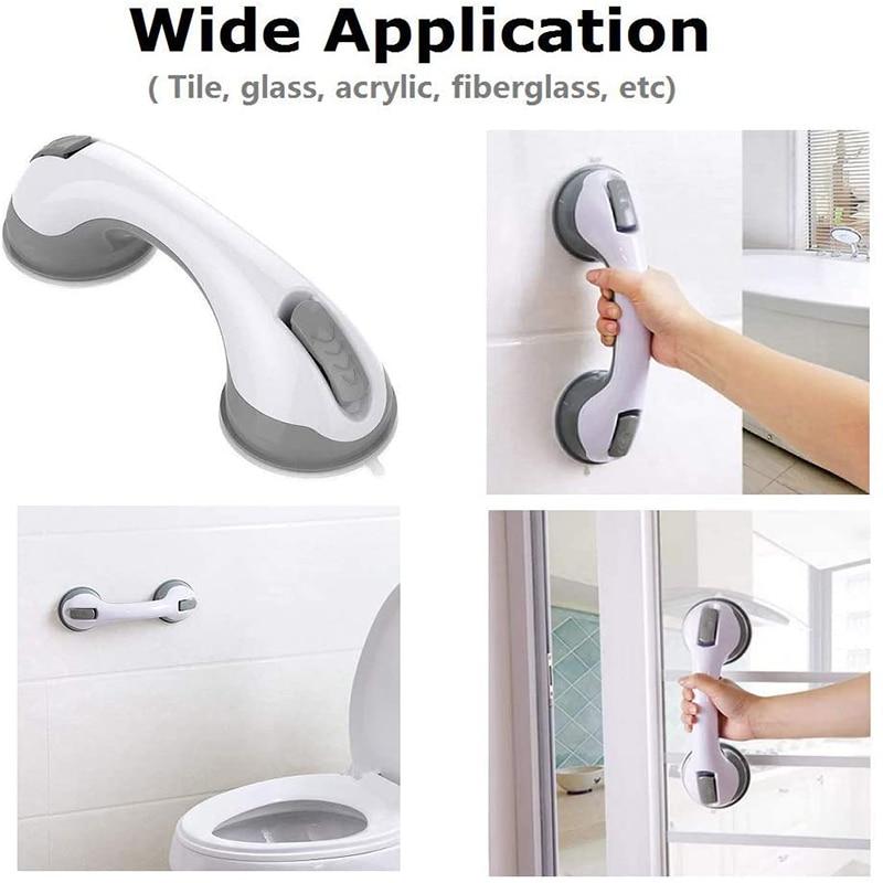 Hvit, ergonomisk designet baderomshåndtak med sugekopper for et stabilt grep og økt trygghet.