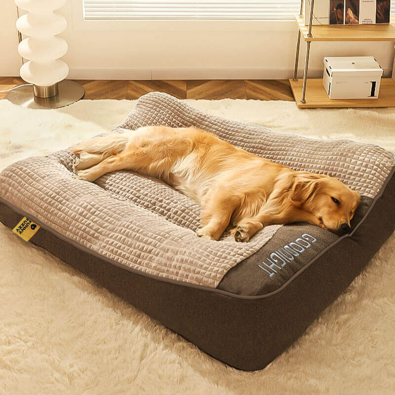 "Tykk ripebeskyttende hundeseng, myk, slitesterk med ryggstøtte, beige farge, i rom med stilfull innredning."