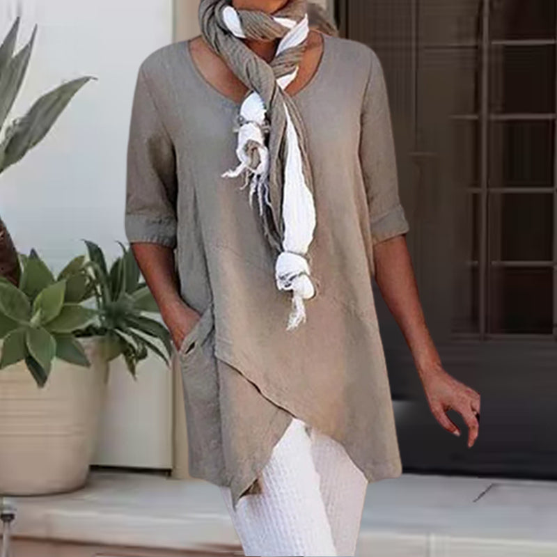 Uformell bomullsbluse for kvinner med rund hals i flere farger, stilren design, halve ermer, passer vår og sommer.