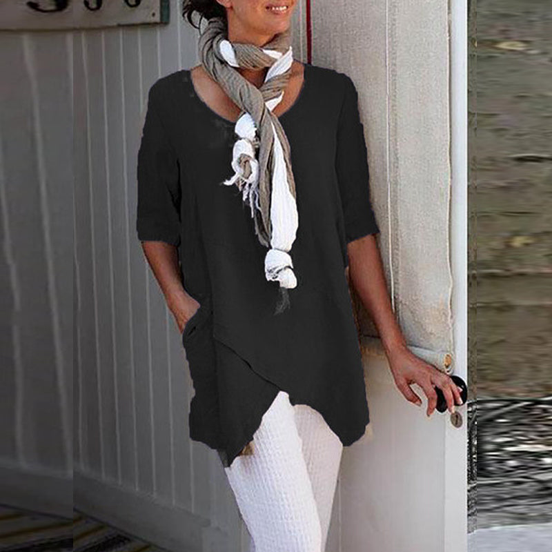 Uformell bomullsbluse for kvinner med rund hals i flere farger, stilren design, halve ermer, passer vår og sommer.