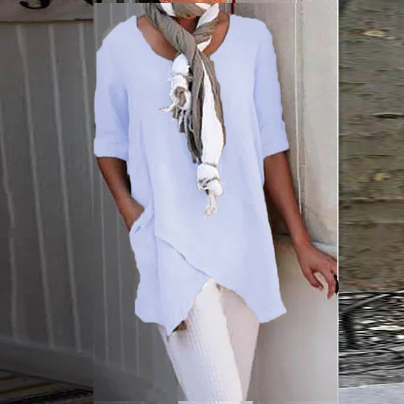 Uformell bomullsbluse for kvinner med rund hals i flere farger, stilren design, halve ermer, passer vår og sommer.