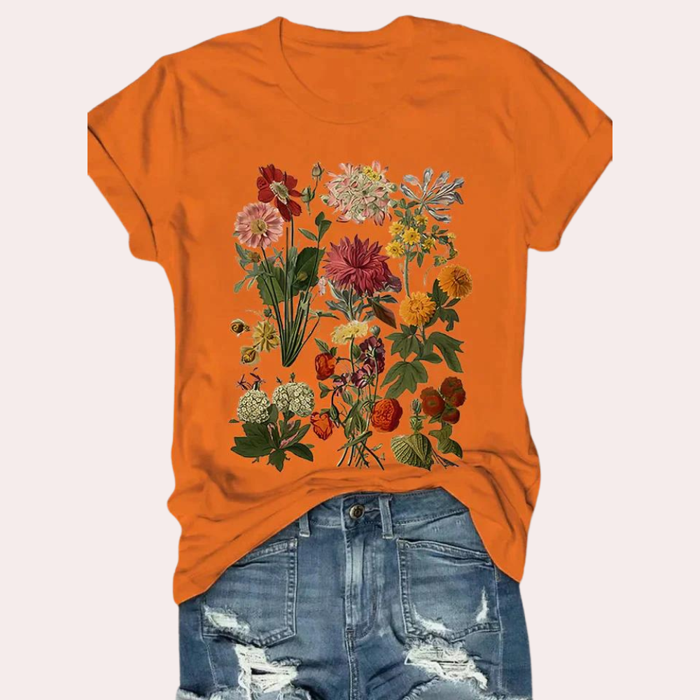 "Uformell svart kvinne t-skjorte med blomstertrykk, elegant for sommeren, mykt stoff, perfekt for uformelle anledninger."