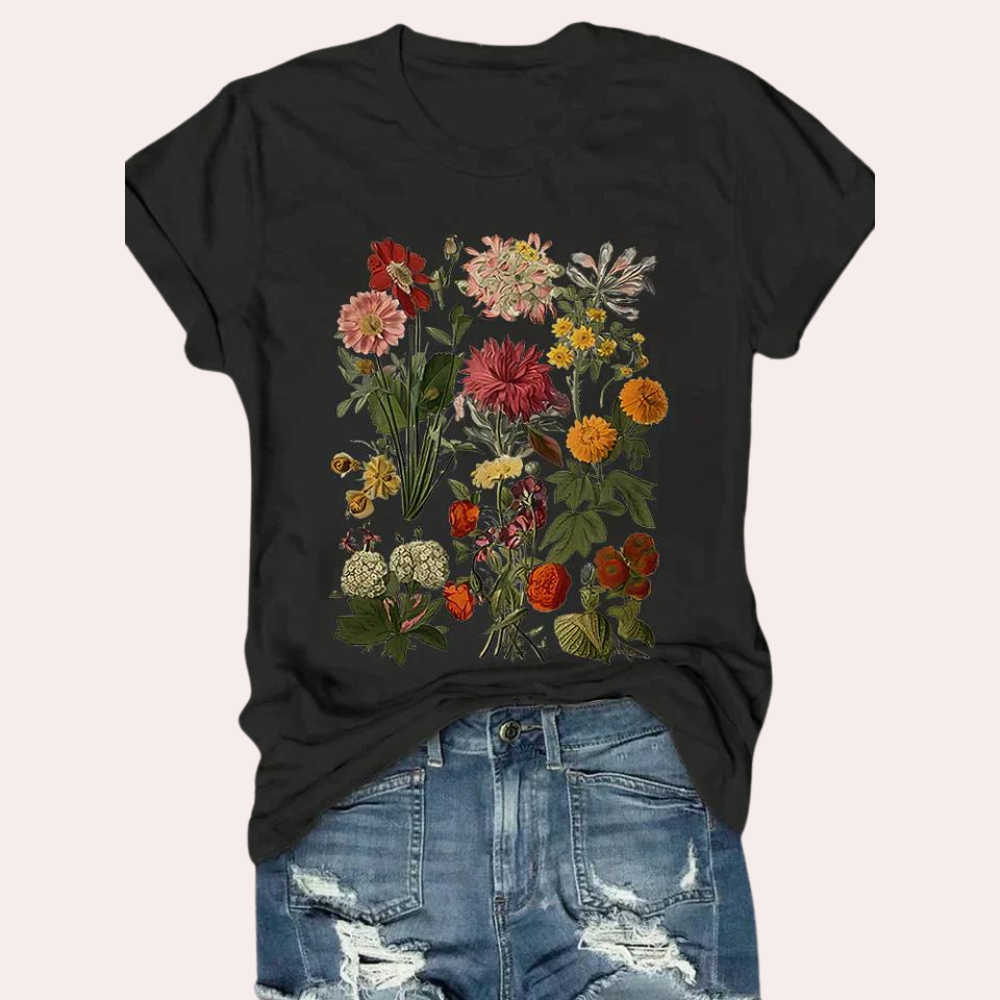 "Uformell svart kvinne t-skjorte med blomstertrykk, elegant for sommeren, mykt stoff, perfekt for uformelle anledninger."