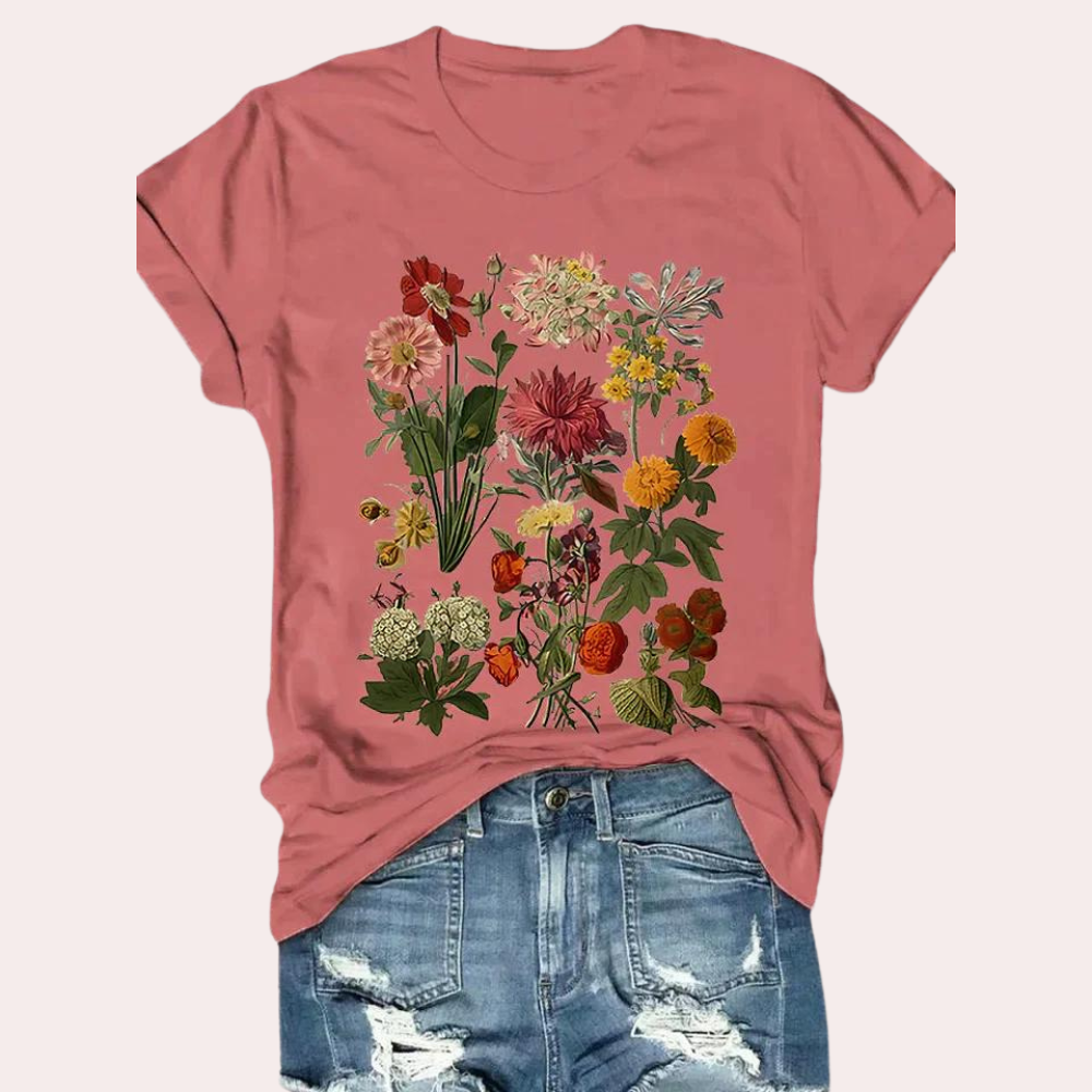 "Uformell svart kvinne t-skjorte med blomstertrykk, elegant for sommeren, mykt stoff, perfekt for uformelle anledninger."