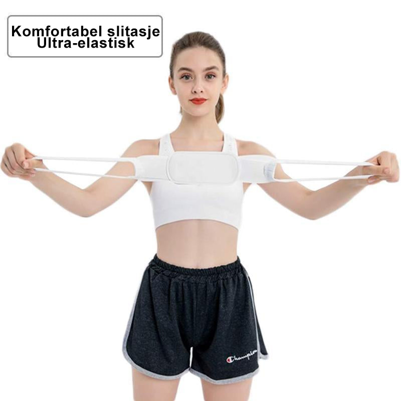 "Ultratynn holdningskorrigerer i sort, elastisk materiale, usynlig under klær, perfekt for komfort og daglig støtte."