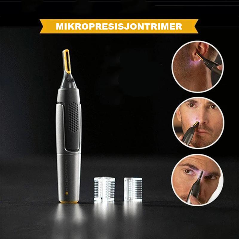 "Ultratynn presisjonstrimmer med justerbart bladhode og LED-lys, perfekt for detaljert trimming uten irritasjon."