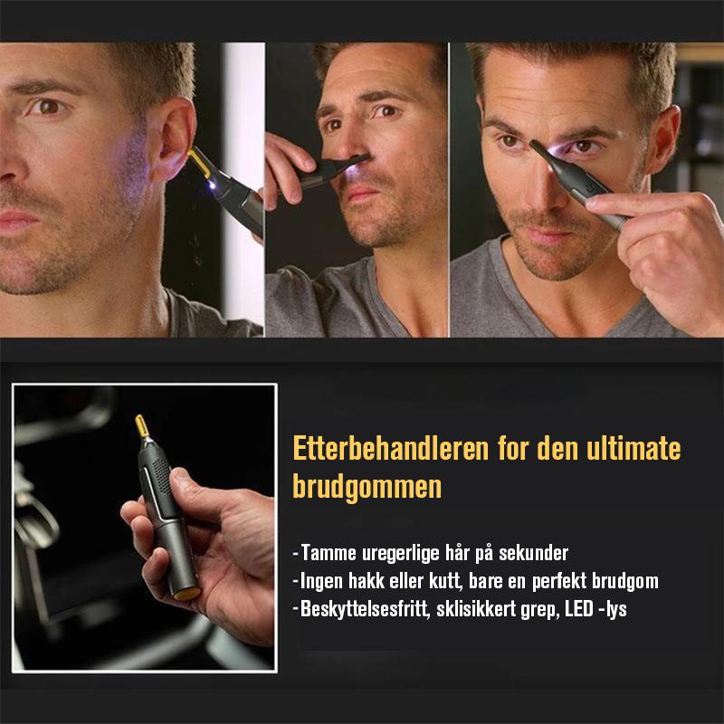 "Ultratynn presisjonstrimmer med justerbart bladhode og LED-lys, perfekt for detaljert trimming uten irritasjon."