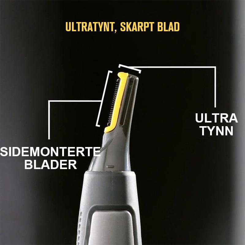 "Ultratynn presisjonstrimmer med justerbart bladhode og LED-lys, perfekt for detaljert trimming uten irritasjon."