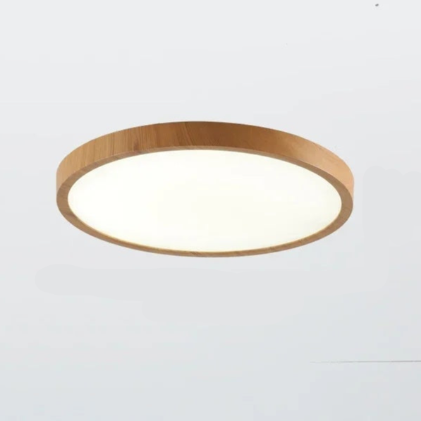 "Ultratynn sirkulær taklampe med justerbare lyseffekter og elegant valnøttdesign for moderne interiør."