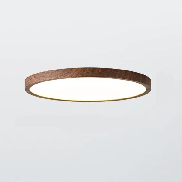 "Ultratynn sirkulær taklampe med justerbare lyseffekter og elegant valnøttdesign for moderne interiør."