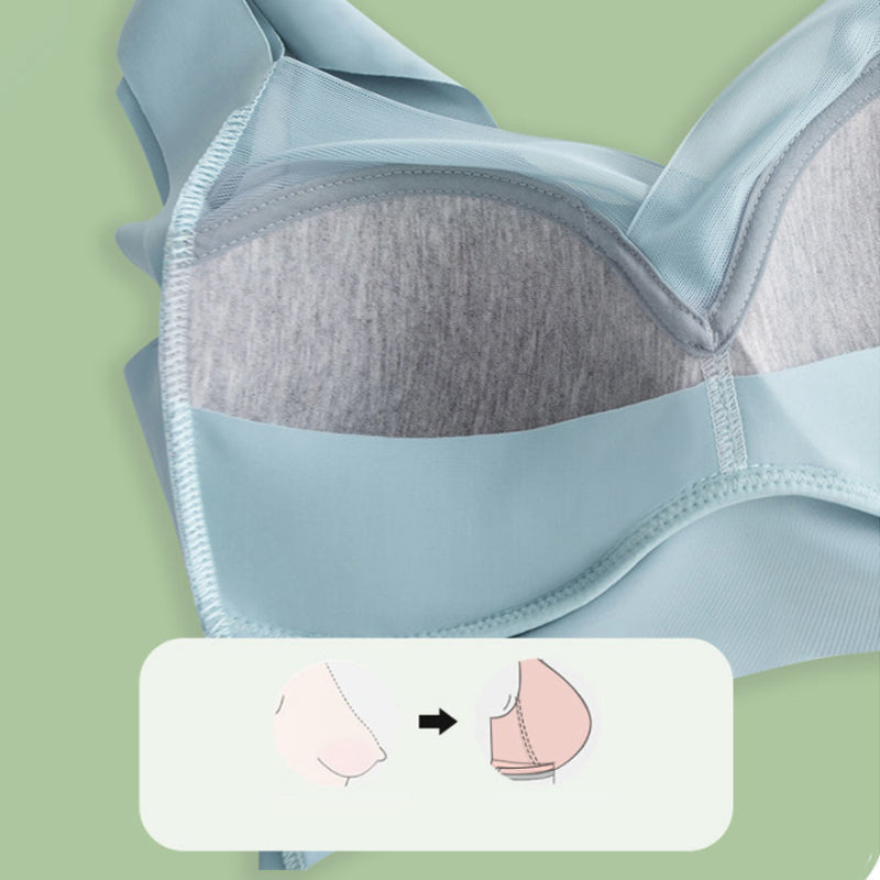Ultratynn sømløs BH i størrelse L, lett og pustende med trådløst design, brede stropper og 360° stretch for komfort.