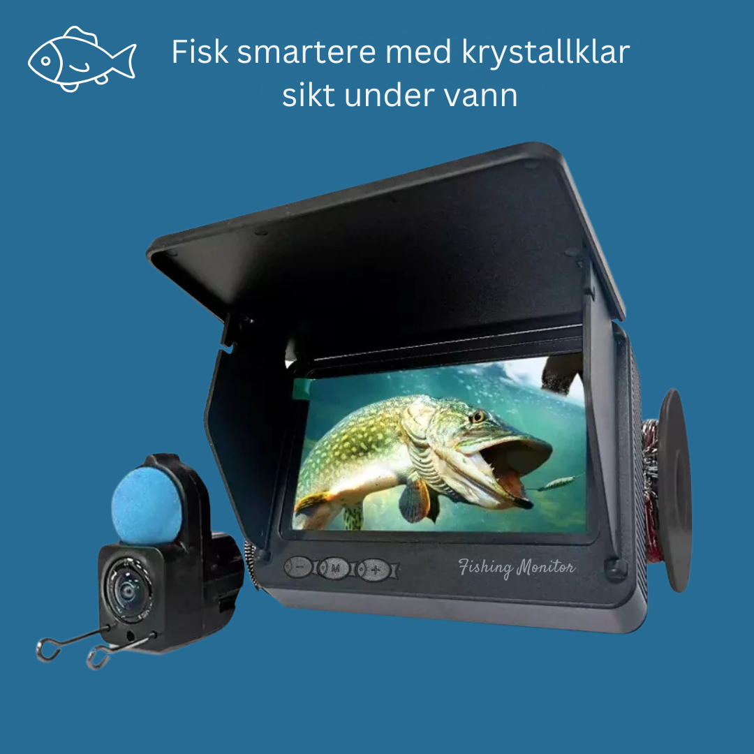 "Undervannskamera med 4,3” skjerm, vidvinkelobjektiv, 12 infrarøde lamper og vanntett IP67-design for klart sjølivssyn."