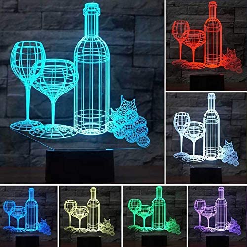 Unik 3D-lampe formet som vinflaske og glass, gir optisk illusjonslys og er dekorativ belysning for hjemmet.