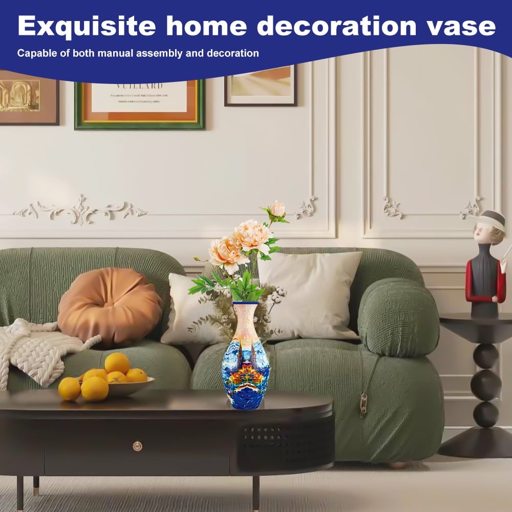 3D puslespillvase fylt med friske blomster, skaper en levende og kreativ hjemmedekorasjon.