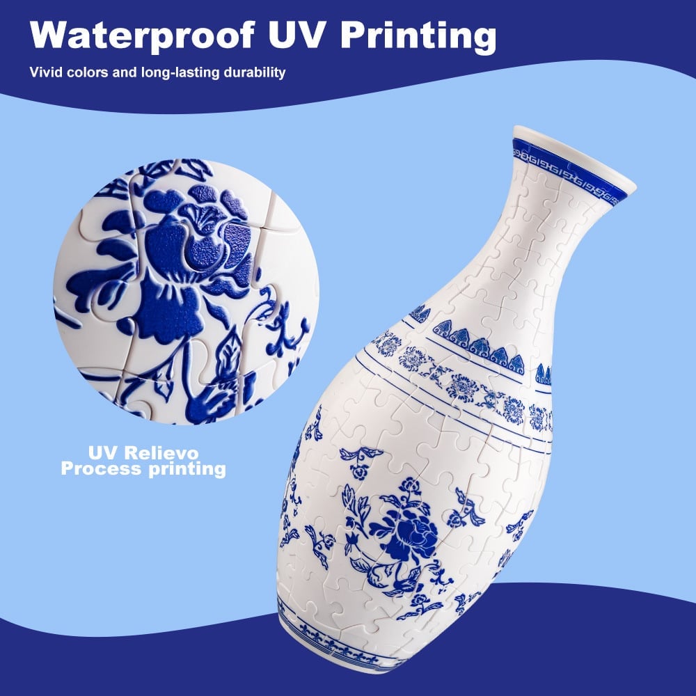 Illustrasjon av 3D puslespillvase i deler, fremhever DIY-aspektet. Kreativ gave og hjemmedekor.