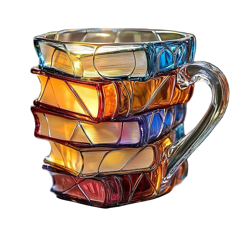 Unik bokformet kaffekopp for bokelskere i gull, laget av miljøvennlig borosilikatglass. Håndlaget interiørdetalj.