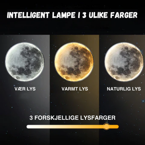 "Unik LED-vegglampe som ligner en ekte måne med justerbart lys i hvitt, varmt eller naturlig toner."