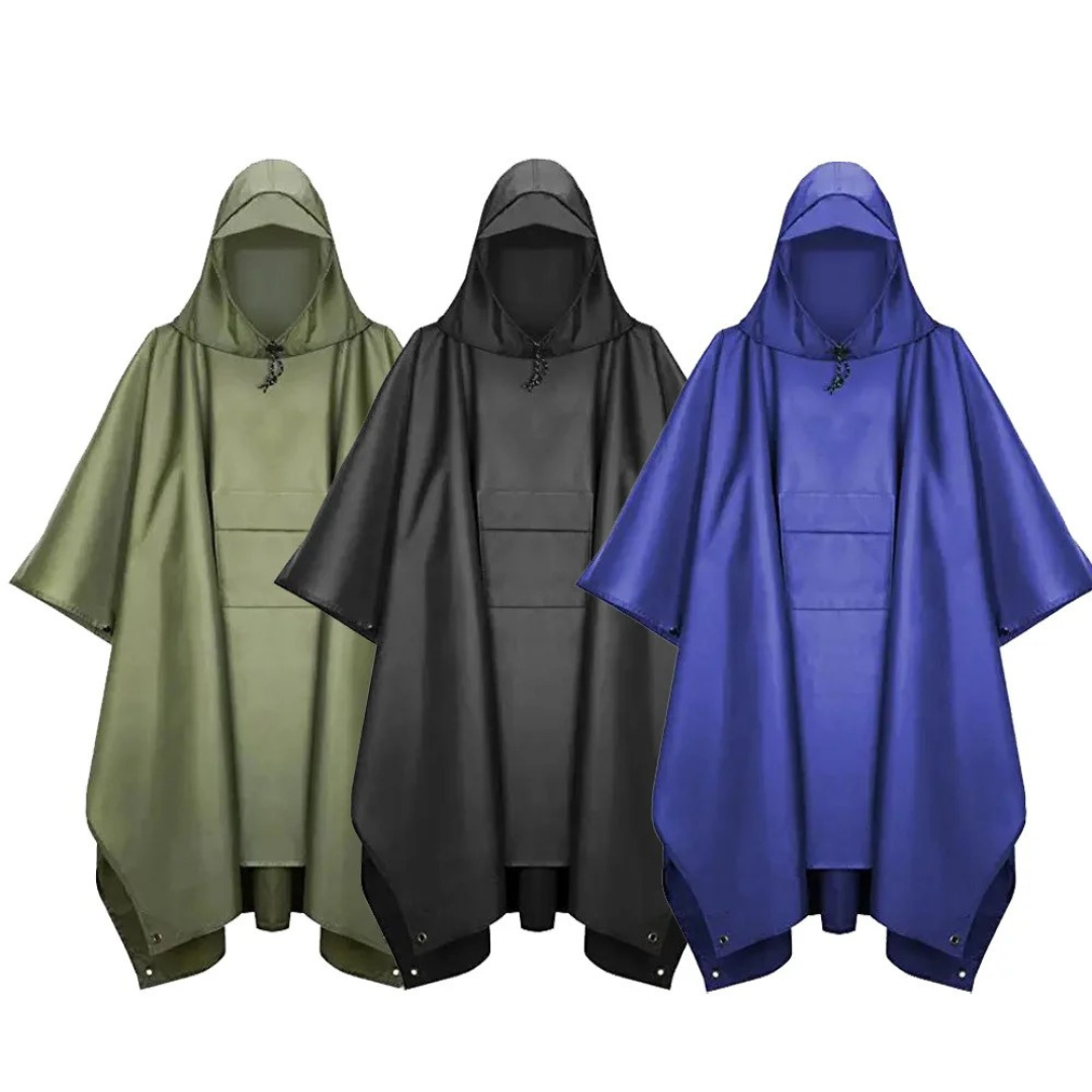 Praktisk unisex regntøy: 3-i-1 poncho og regnfrakk. Vanntett beskyttelse for fottur, camping og motorsykkel.