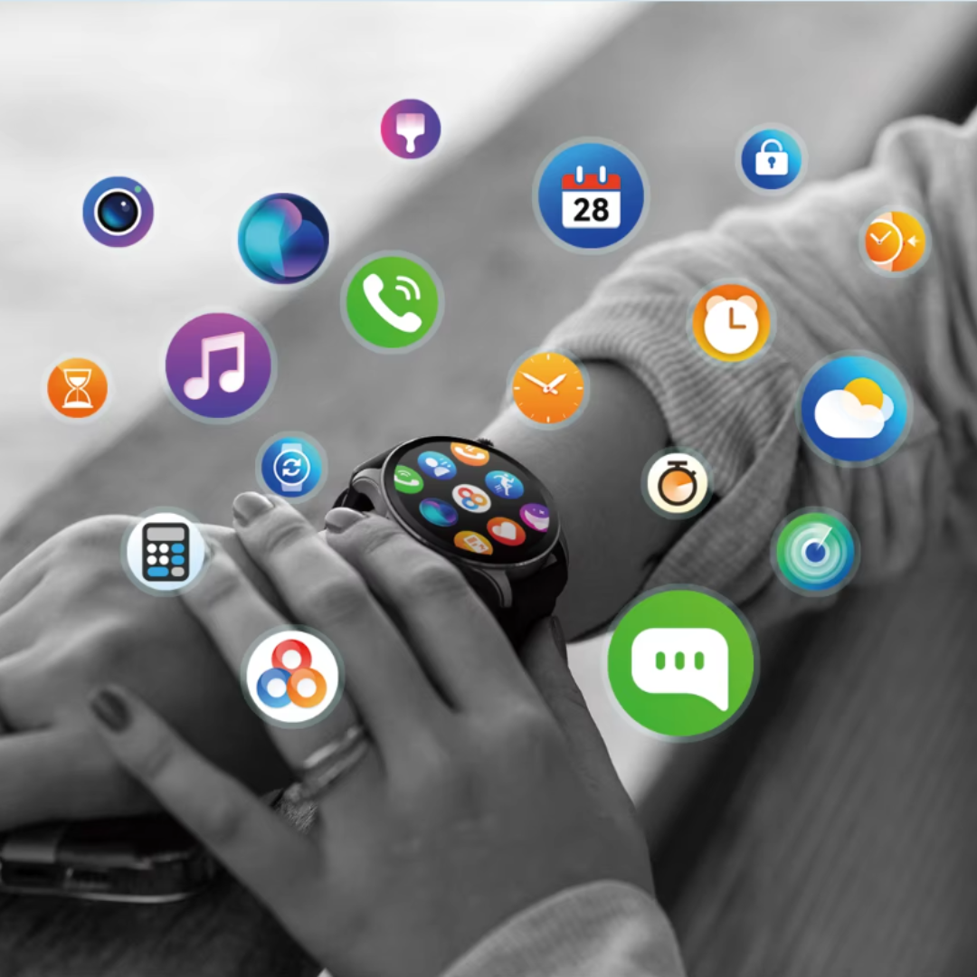 Avansert smartklokke med AMOLED-skjerm, fitnessfunksjoner, anropsstøtte og pulsmåler for helse og sport.
