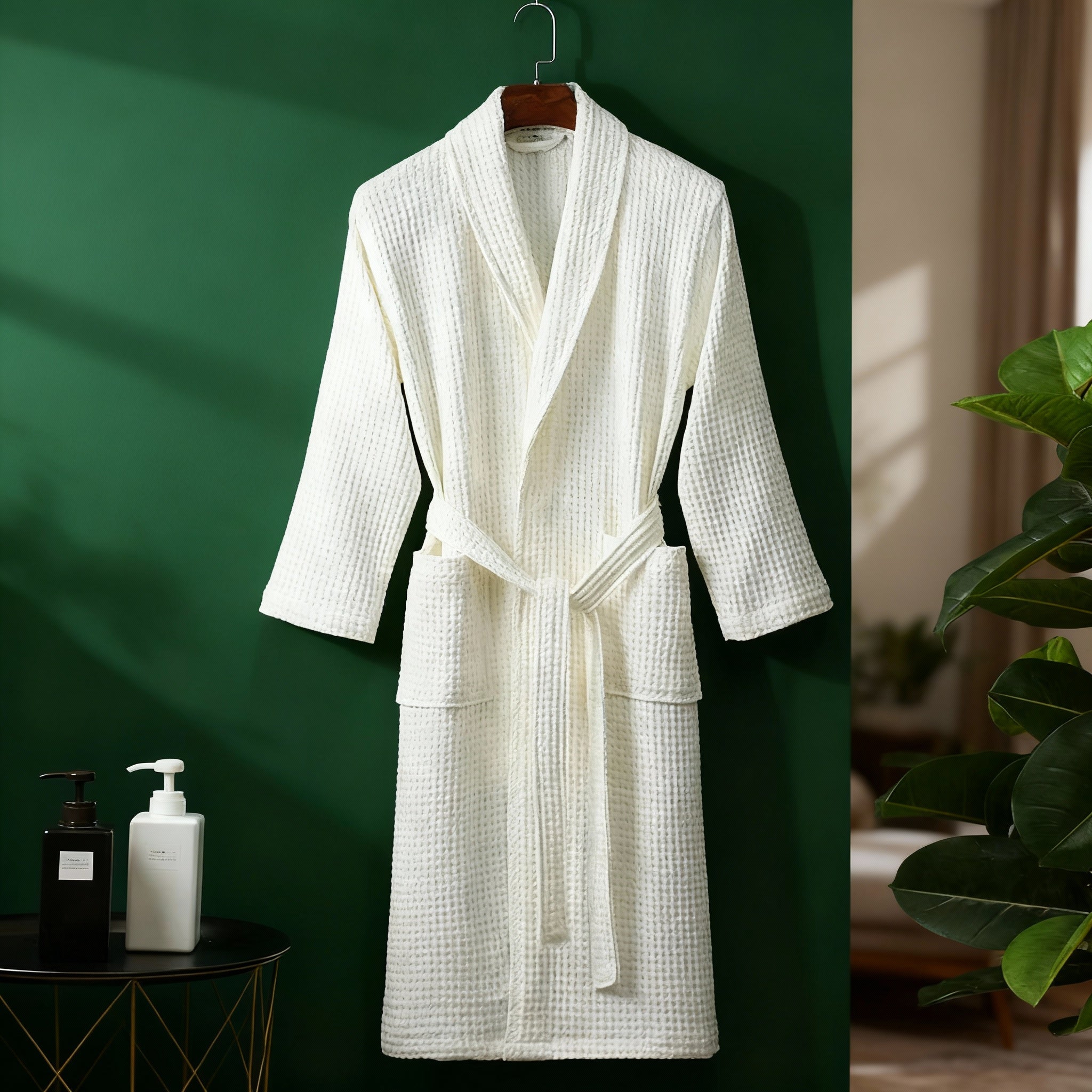Elegant unisex badekåpe i nøytral farge med belte og lommer, perfekt for spa og velvære.