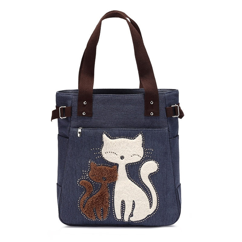 Praktisk unisex lerretsveske med brodert katt og god plass, perfekt som kvinneveske