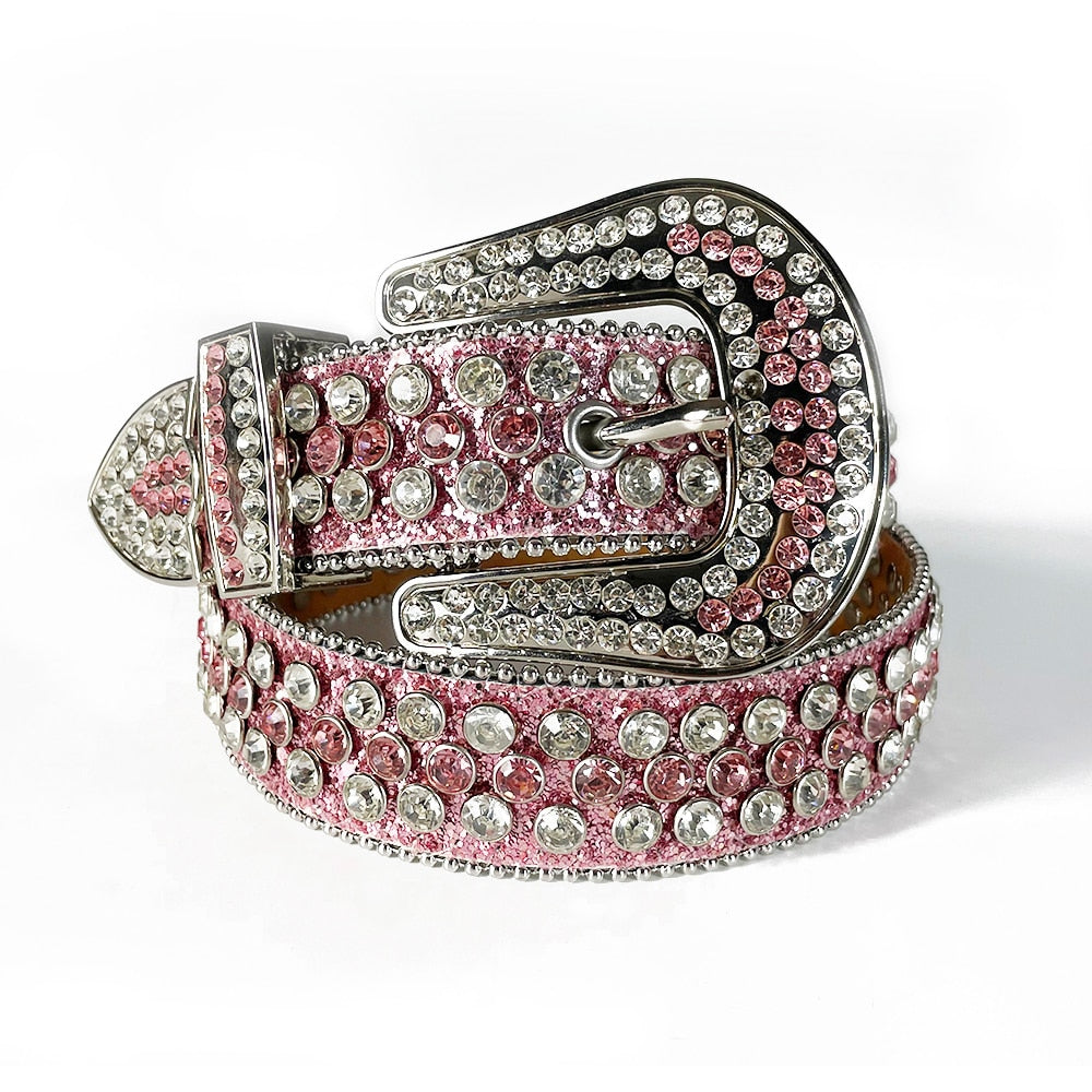 Unisex diamantbelte i imitert skinn med glitrende rhinestones. Perfekt for fest og mote.