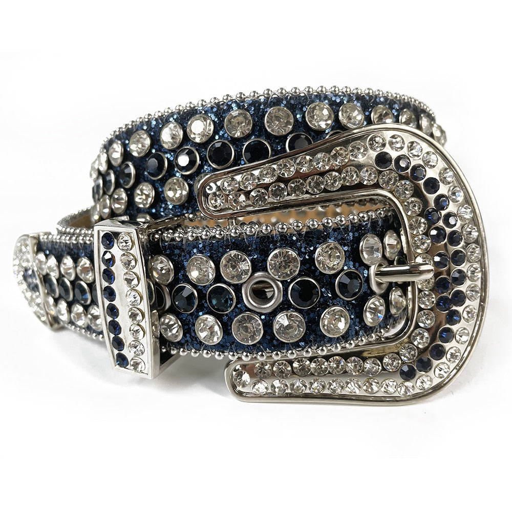 Glitrende rhinestonebelte for unisex, med strassdetaljer og robust spenne. Ideelt til fest.