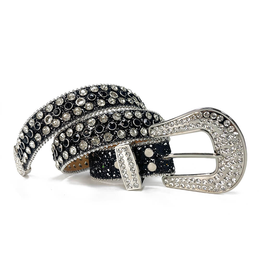 Robust unisex diamantbelte med rhinestones, imitert skinn, for en rocka eller glamorøs stil.