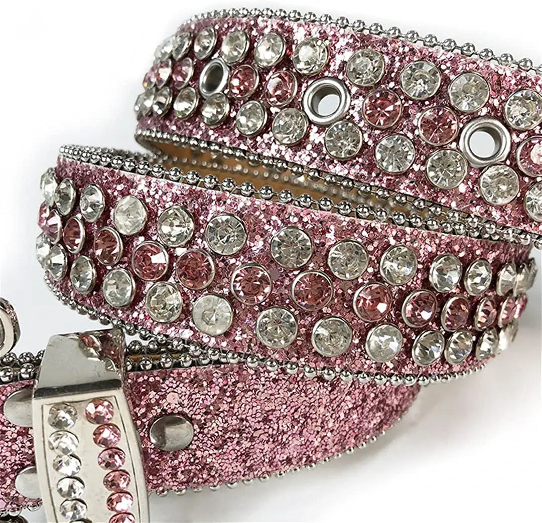 Trendy imitert skinnbelte, unisex, med glitrende diamanter og rhinestones, for et unikt uttrykk.