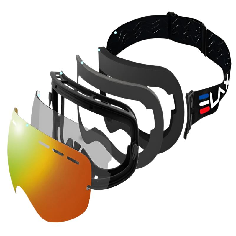 Nærbilde av linsedetaljer for en unisex dobbeltlags skibrille med god optikk