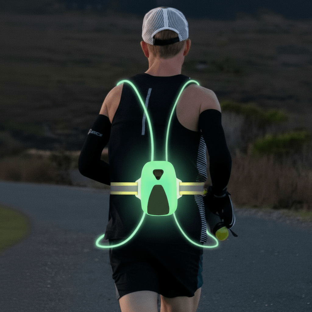 Nærbilde av unisex LED-vestens kontroller for enkel veksling av lysmodus, oppladbar