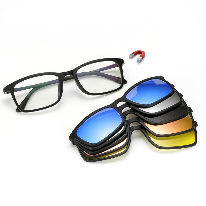 Modell som bærer unisex magnetiske klips solbriller med polariserte blå speilglass utendørs