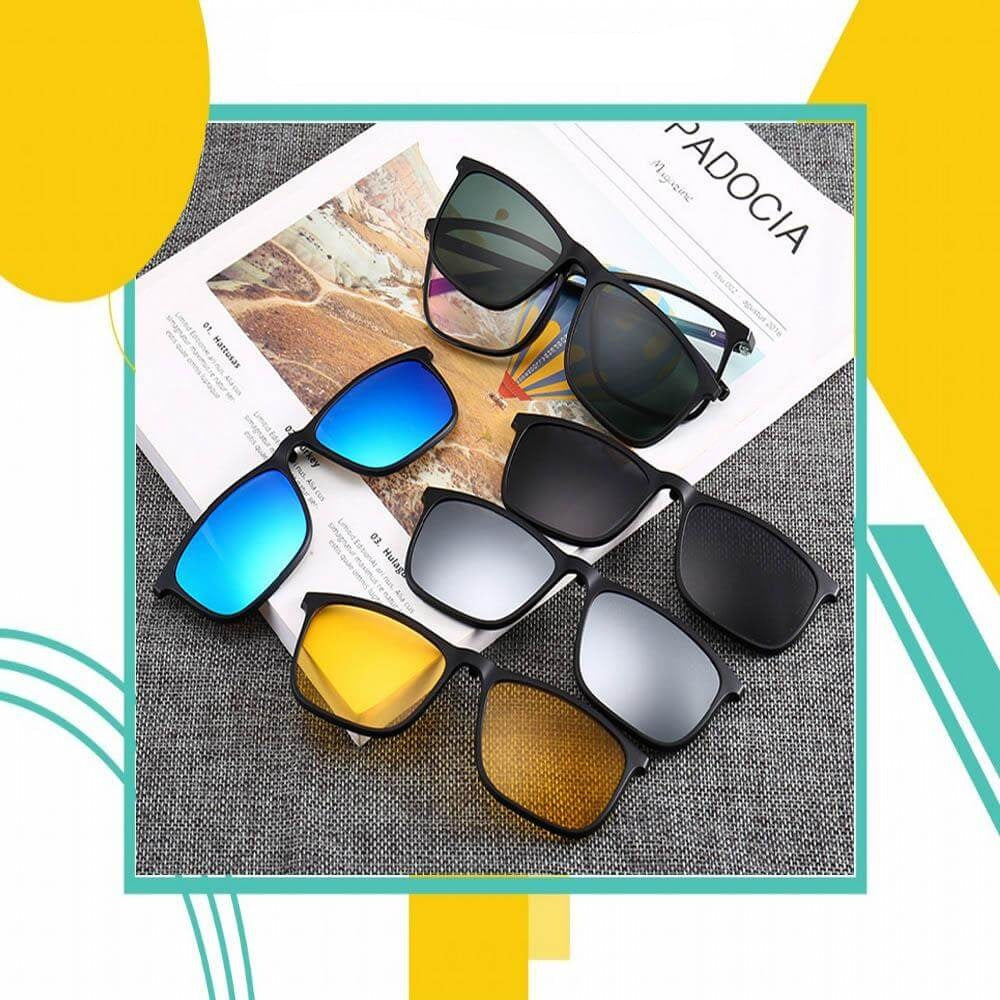 Alle fem polariserte utskiftbare linser presentert ved siden av de magnetiske solbrillene