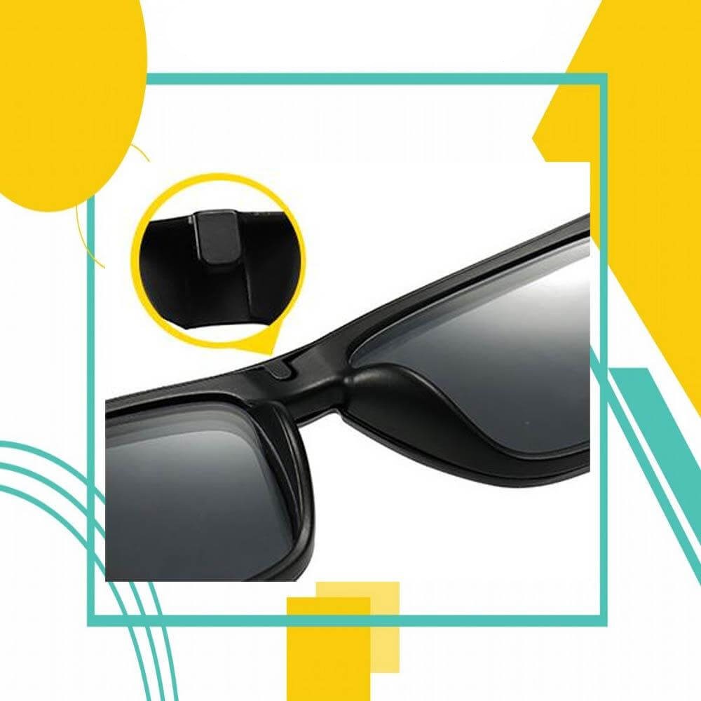 Nærbilde av den magnetiske festeanordningen som holder klipsen på de polariserte solbrillene