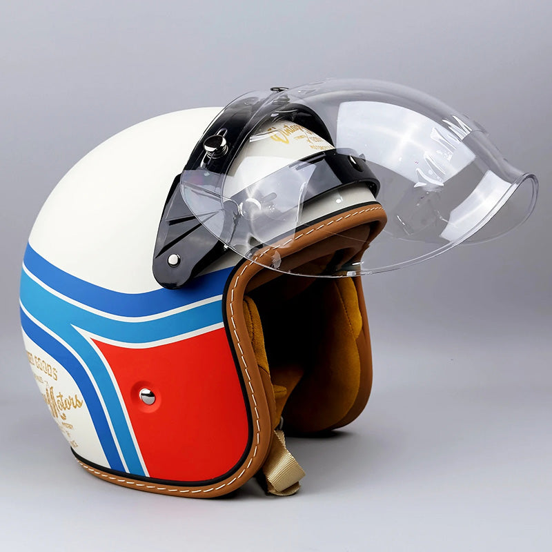 Retro MC-hjelm med klassisk design og visir, perfekt for stilbevisste motorsyklister.