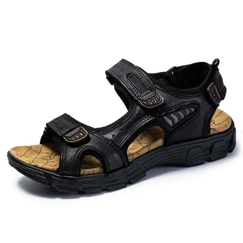 "Unisex ortopediske sandaler, svart lær, justerbare borrelåsremmer, støtdempende såle, komfort for menn og kvinner."