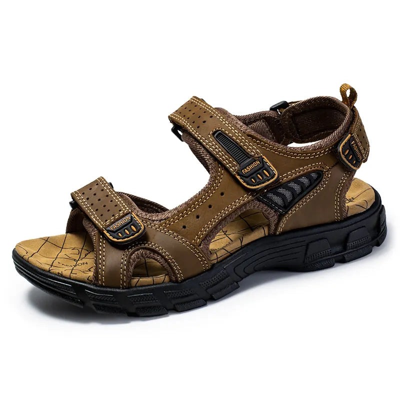 "Unisex ortopediske sandaler, svart lær, justerbare borrelåsremmer, støtdempende såle, komfort for menn og kvinner."