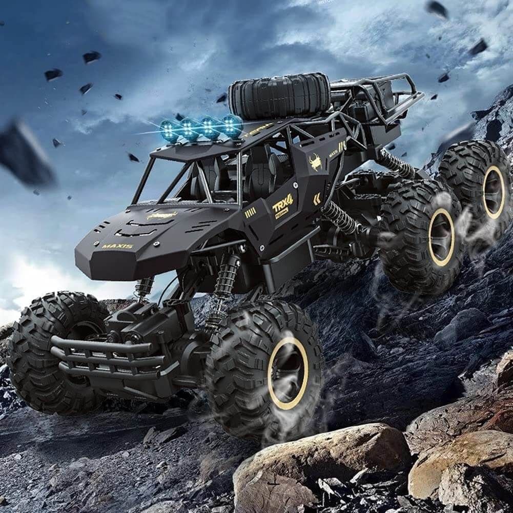 RC monstertruck leketøy; robust design med 6-hjulsdrift og integrert LED-belysning for mørke baner.