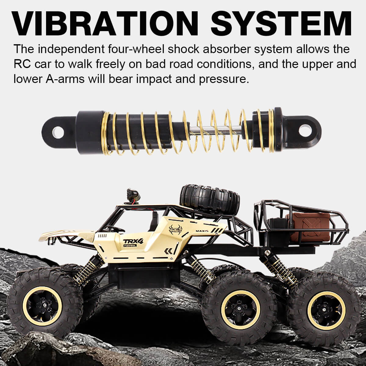 Nærbilde av dekken på RC monstertrucken, viser 6-hjulsdrift og synlige LED-hovedlys for offroad-kjøring.