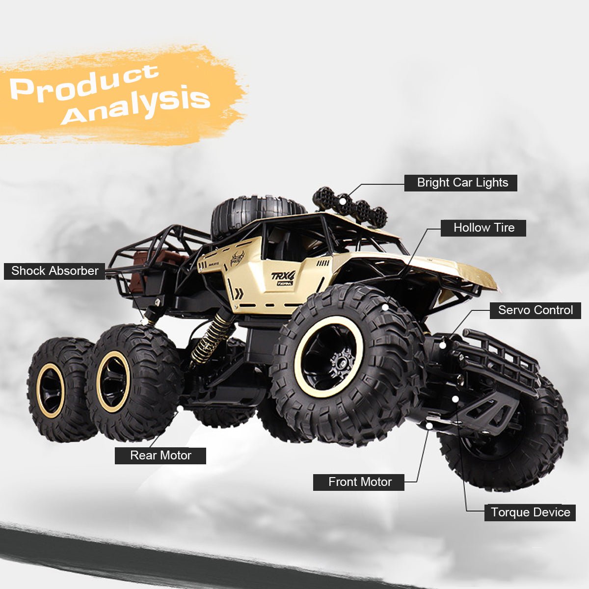 Unisex RC monstertruck fra siden, understreker den imponerende 6-hjulsdrift og de stilige LED-lysene.