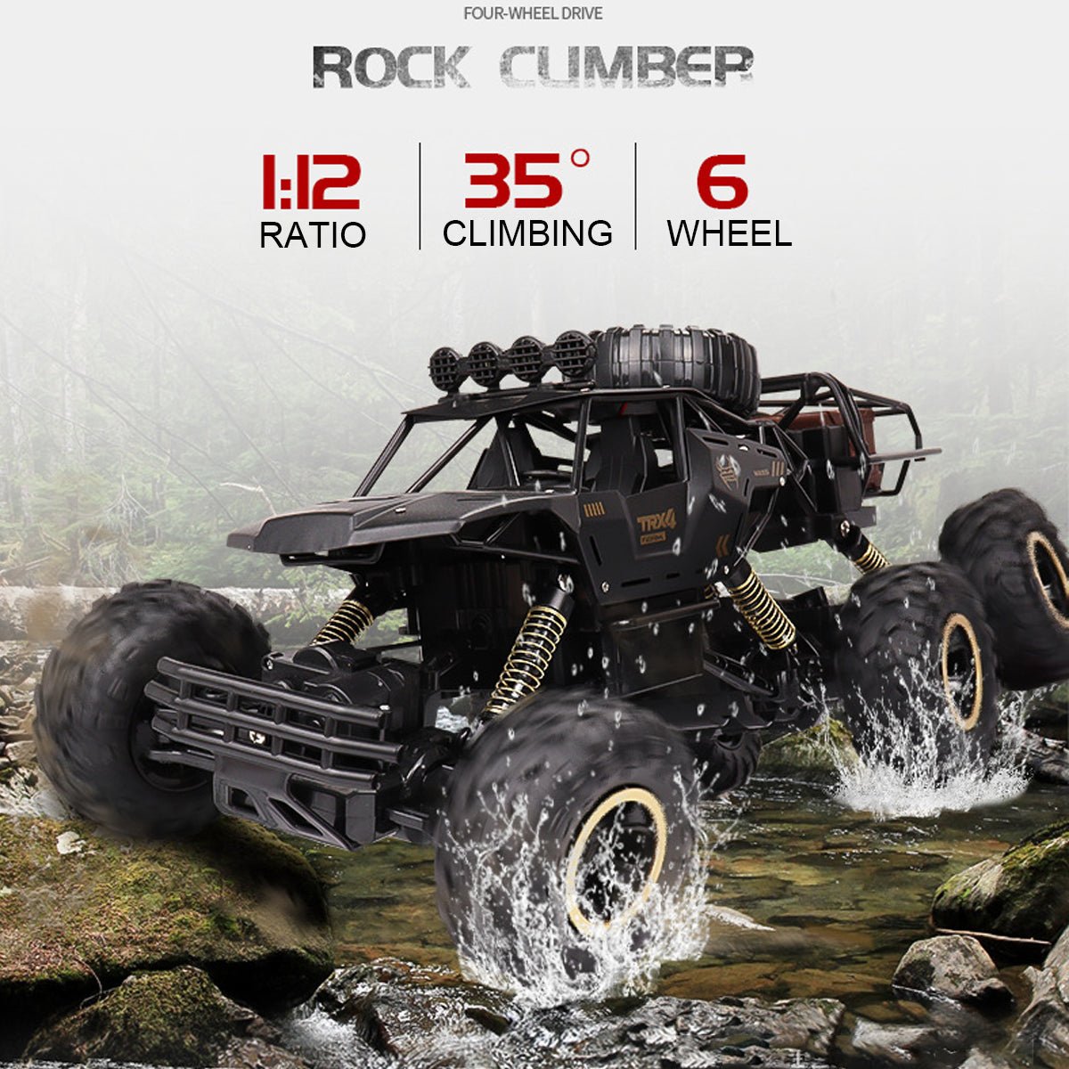 RC monstertruck med 6-hjulsdrift og opplyste LED-lys demonstrerer sin evne til å takle utfordrende terreng.